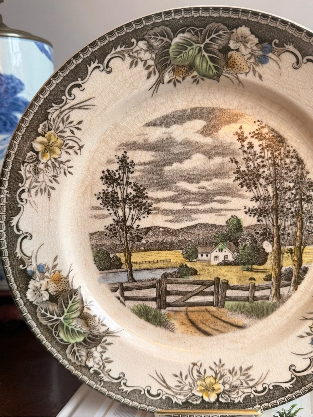 Vintage Scenic Farmhouse Decorative Dinner Plate - Cream, Brown, Green